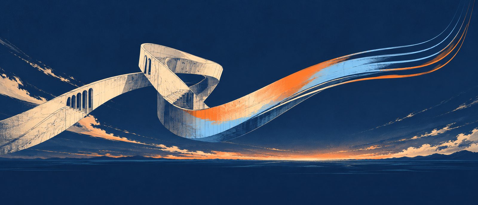Illustration: a pale concrete walkway twists into a loop and becomes a ribbon of orange and blue over a dark sea at dusk
