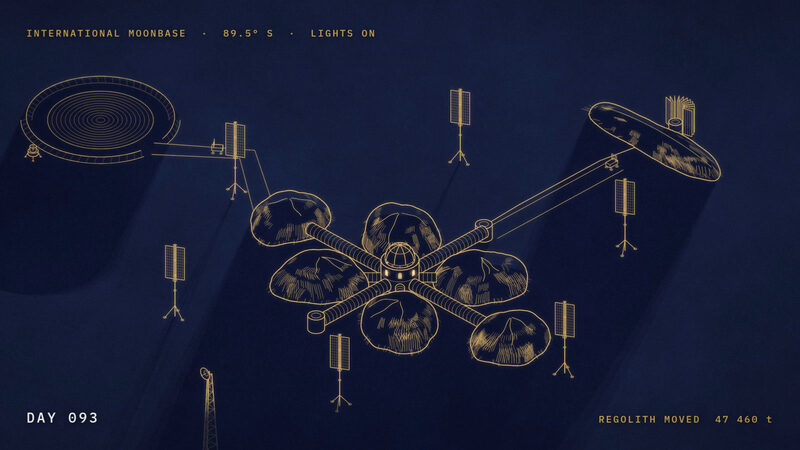 Gold line drawing on indigo of the International Moonbase at the lunar south pole: a domed hub and four shielded modules joined by tunnels, with solar masts and a round landing pad
