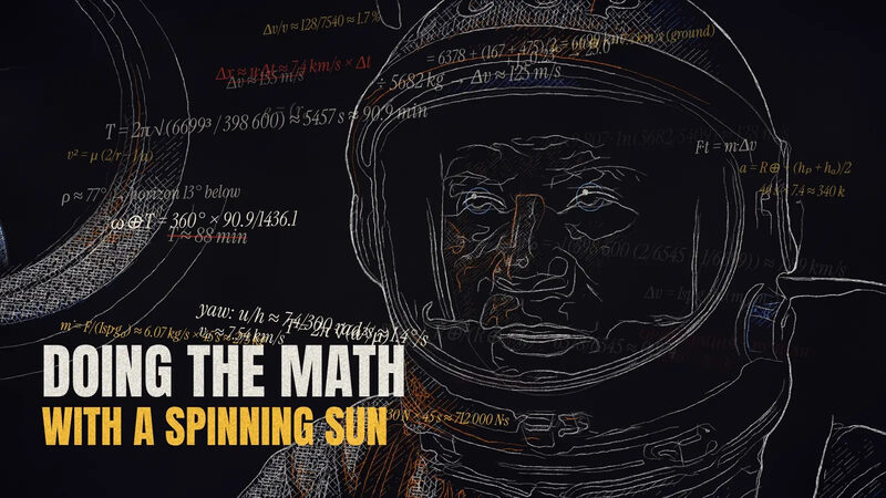 Alexei Leonov in his helmet surrounded by handwritten orbital equations, with the lyric Doing the math with a spinning sun