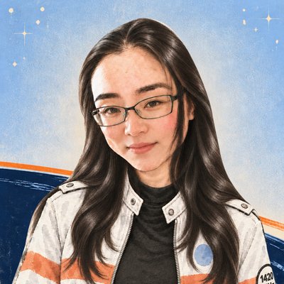 Portrait of Jade Q Wang in glasses and a striped jacket, in front of a blue sky and Earth's horizon